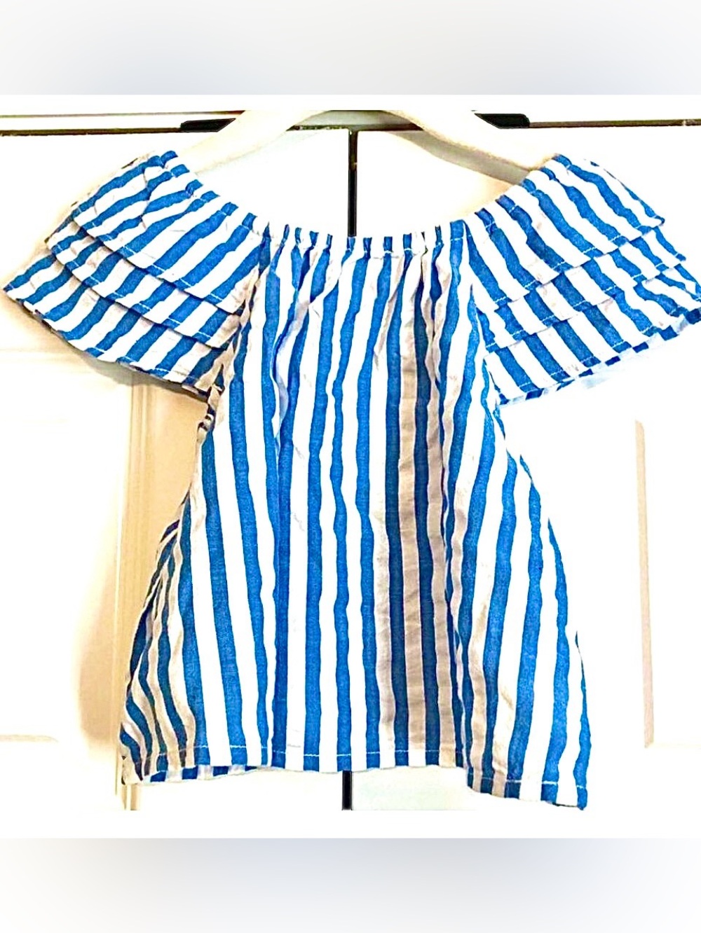 NWT ROLLER RABBIT Blue Chambray & White Stripe Flutter-sleeve Top 24M